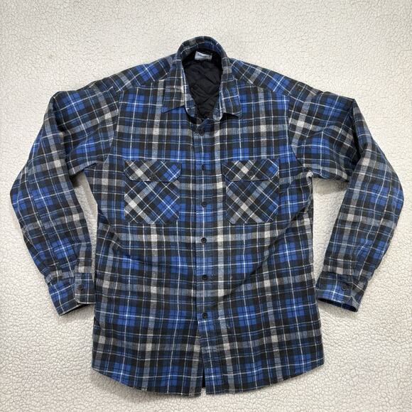 Vintage Sears Fieldmaster Flannel Shirt Mens L Blue Plaid Quilted Shacket Lined - Picture 1 of 13